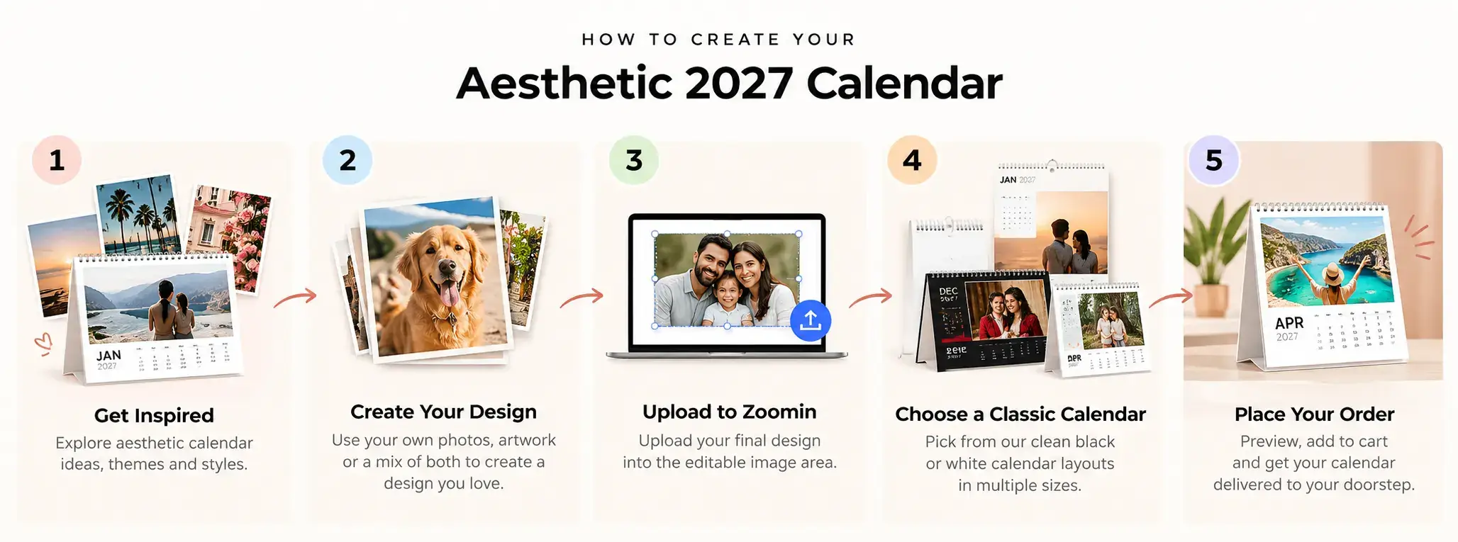 How to create your aesthetic 2027 calendar in five steps: get inspired, create your design, upload to Zoomin, choose a calendar layout and order