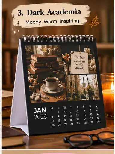 Dark academia calendar inspiration using books, coffee and moody photographs