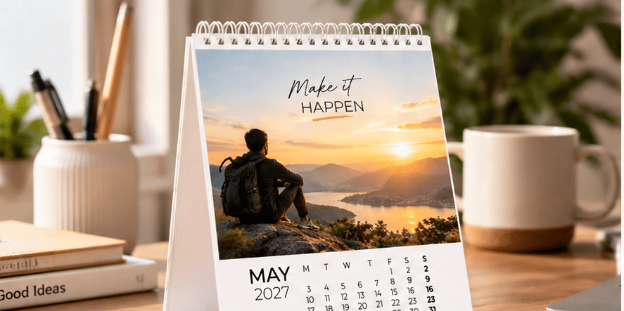 Motivational 2027 photo calendar with Make It Happen travel theme