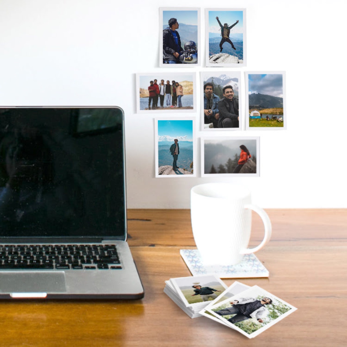 Mini card stock photo prints displayed around a workspace