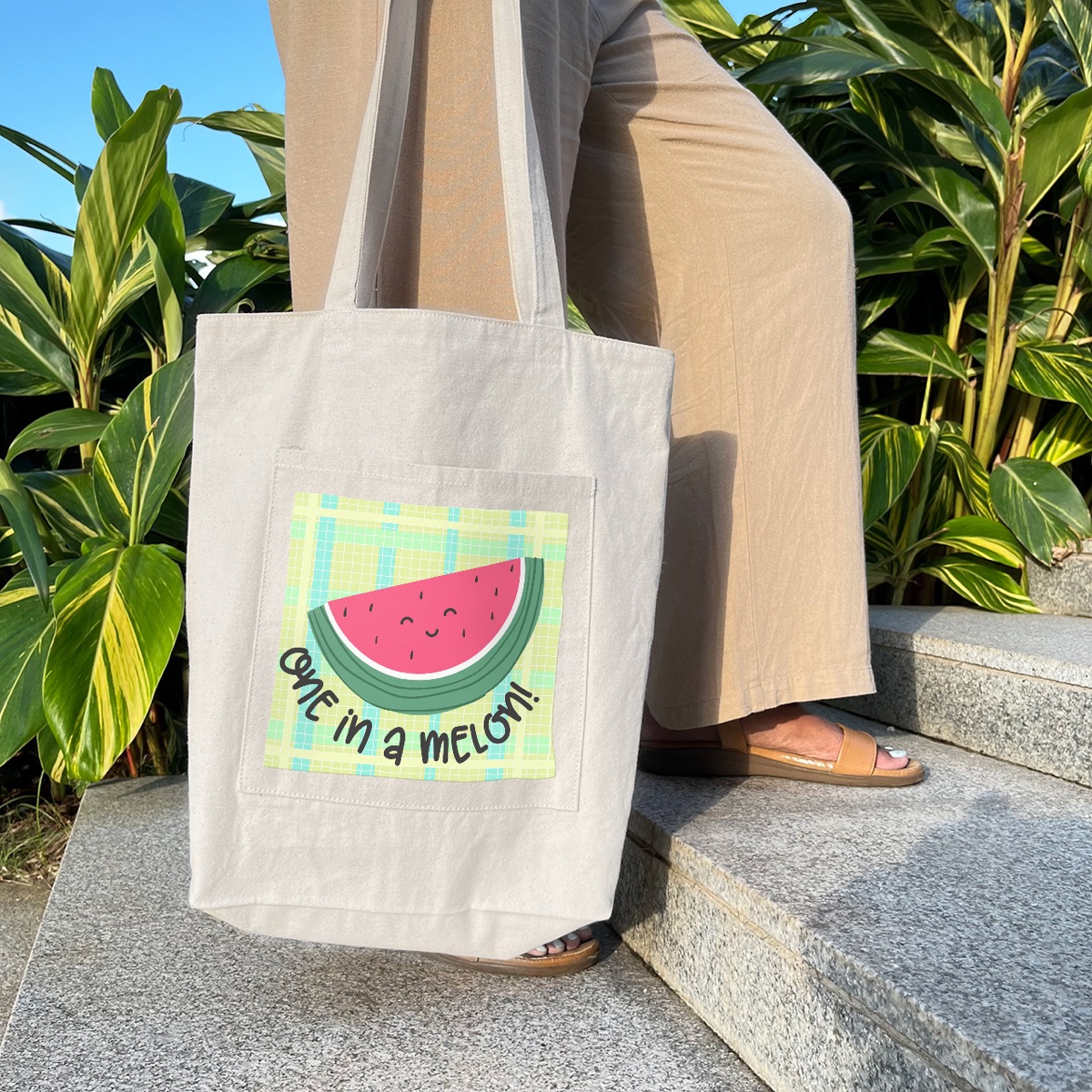 Designer tote bag with a colourful watermelon illustration