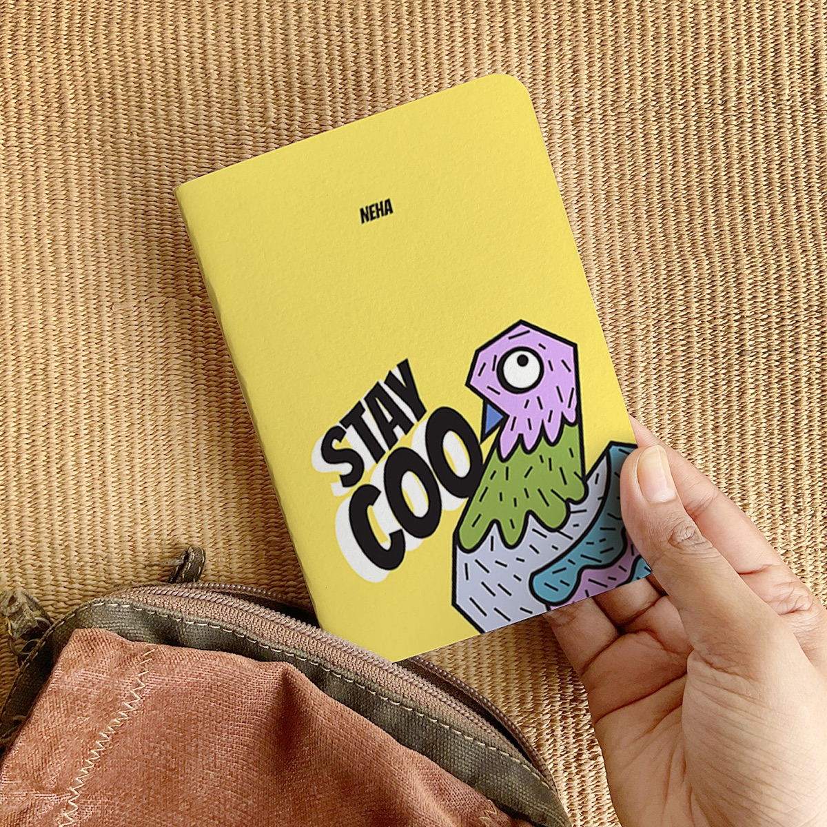 Yellow personalised pocket notebook with a name and illustrated cover