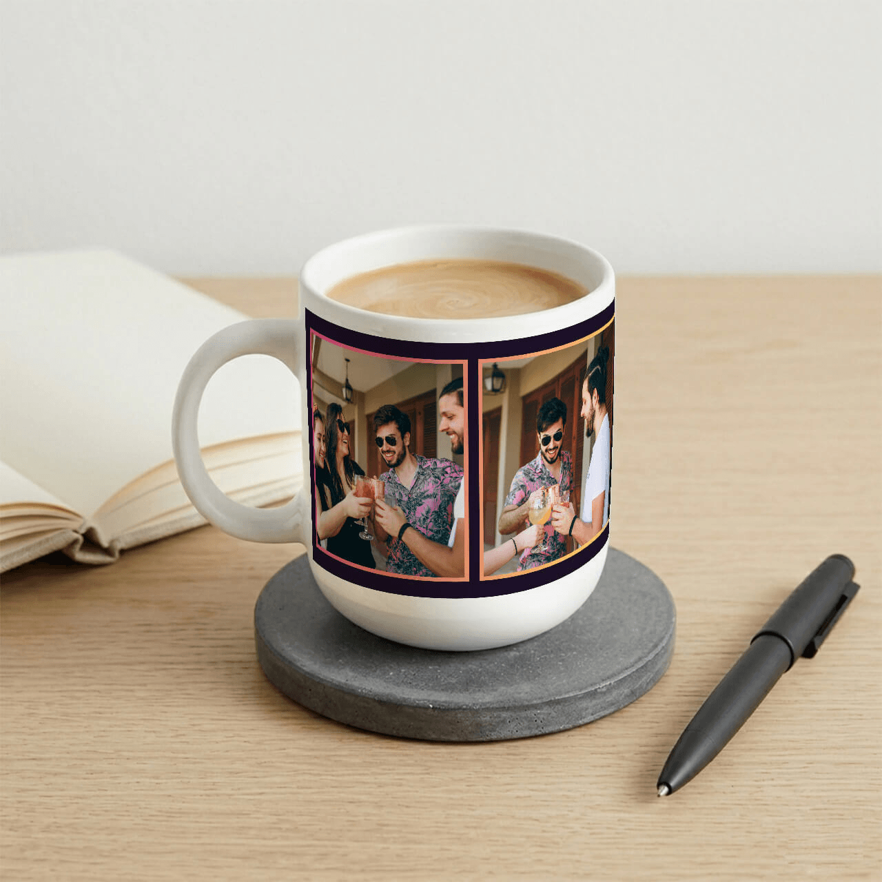 Modern photo coffee mug personalized with pictures of a group of friends