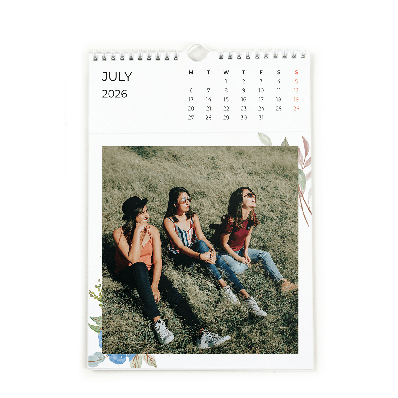 Portrait wall calendar personalized with a photo of three friends