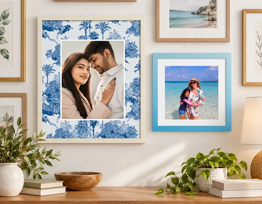 Personalised photo frames arranged as a gallery wall