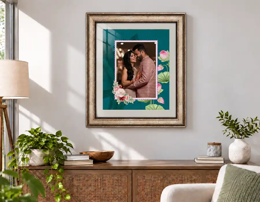 Large personalised photo frame displayed on a bedroom or statement wall