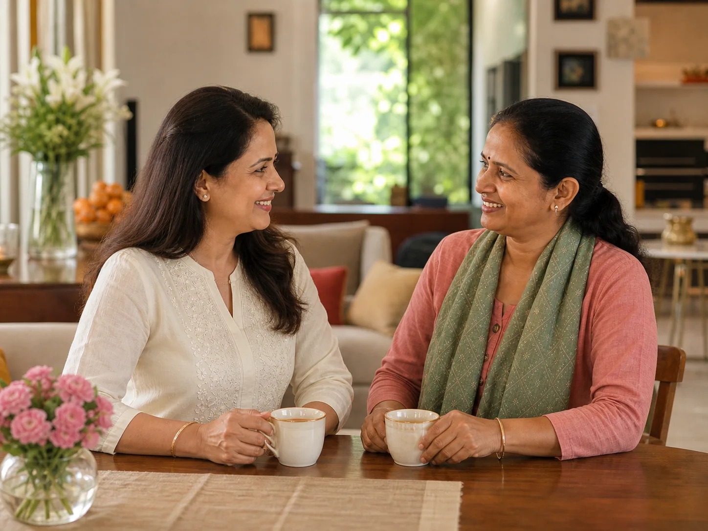 Two women sharing a relaxed conversation over tea at home