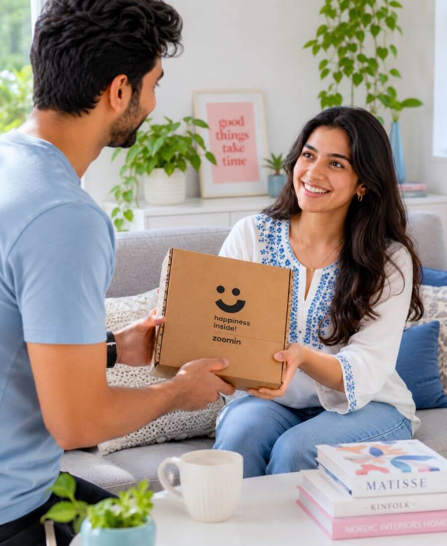 People exchanging personalized gifts and smiling